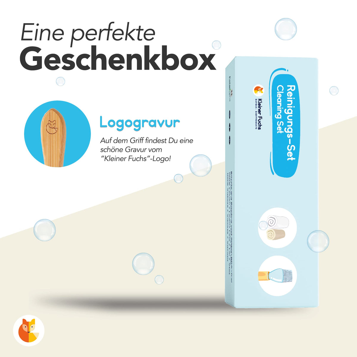 Reinigungs Set 3 tlg. – Hellblau mit Logogravur, bestehend aus Silikonbürste, weichem Tuch und Anleitung in ansprechender Geschenkbox.