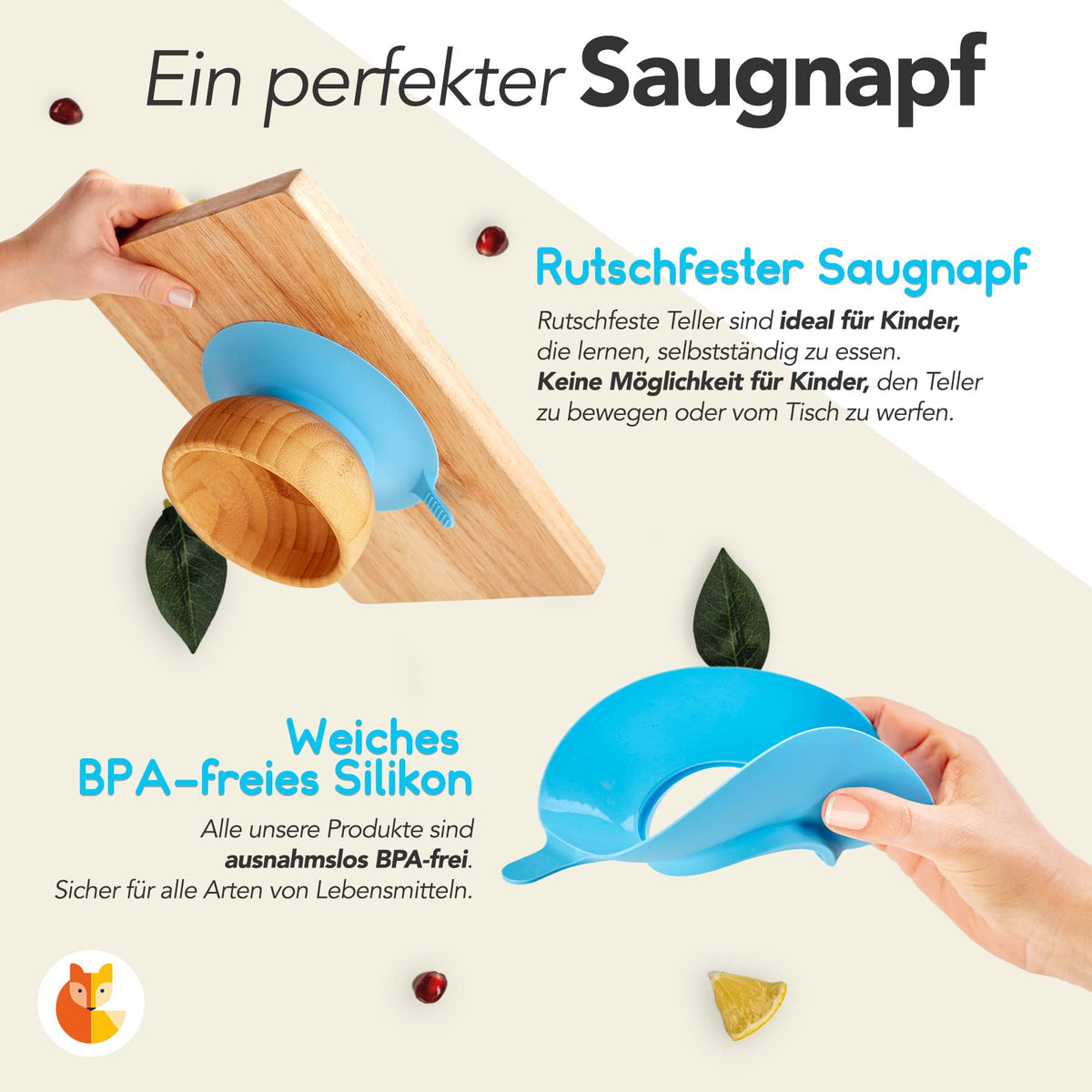Bambus-Schüssel für Kinder inkl. Löffel - Hellblau mit rutschfestem BPA-freiem Silikon-Saugnapf für sicheren Stand und selbstständiges Essenlernen.