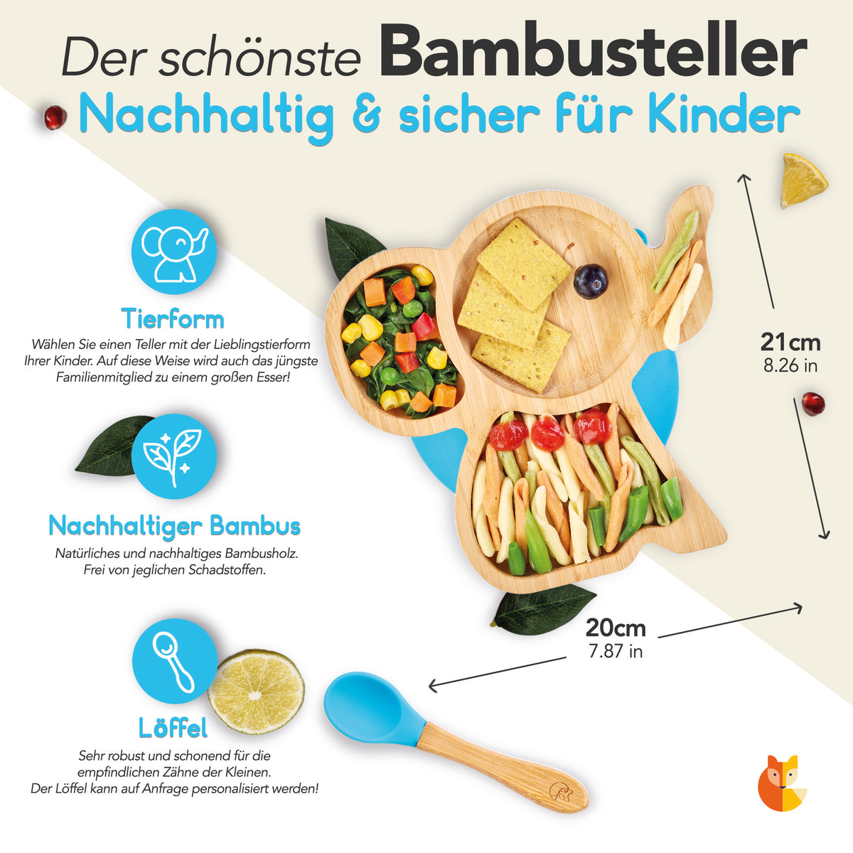 Bambus-Teller für Kinder inkl. Löffel - mit Elefantenmotiv - Blau mit Elefantenform und Maßen 20 cm und 21 cm