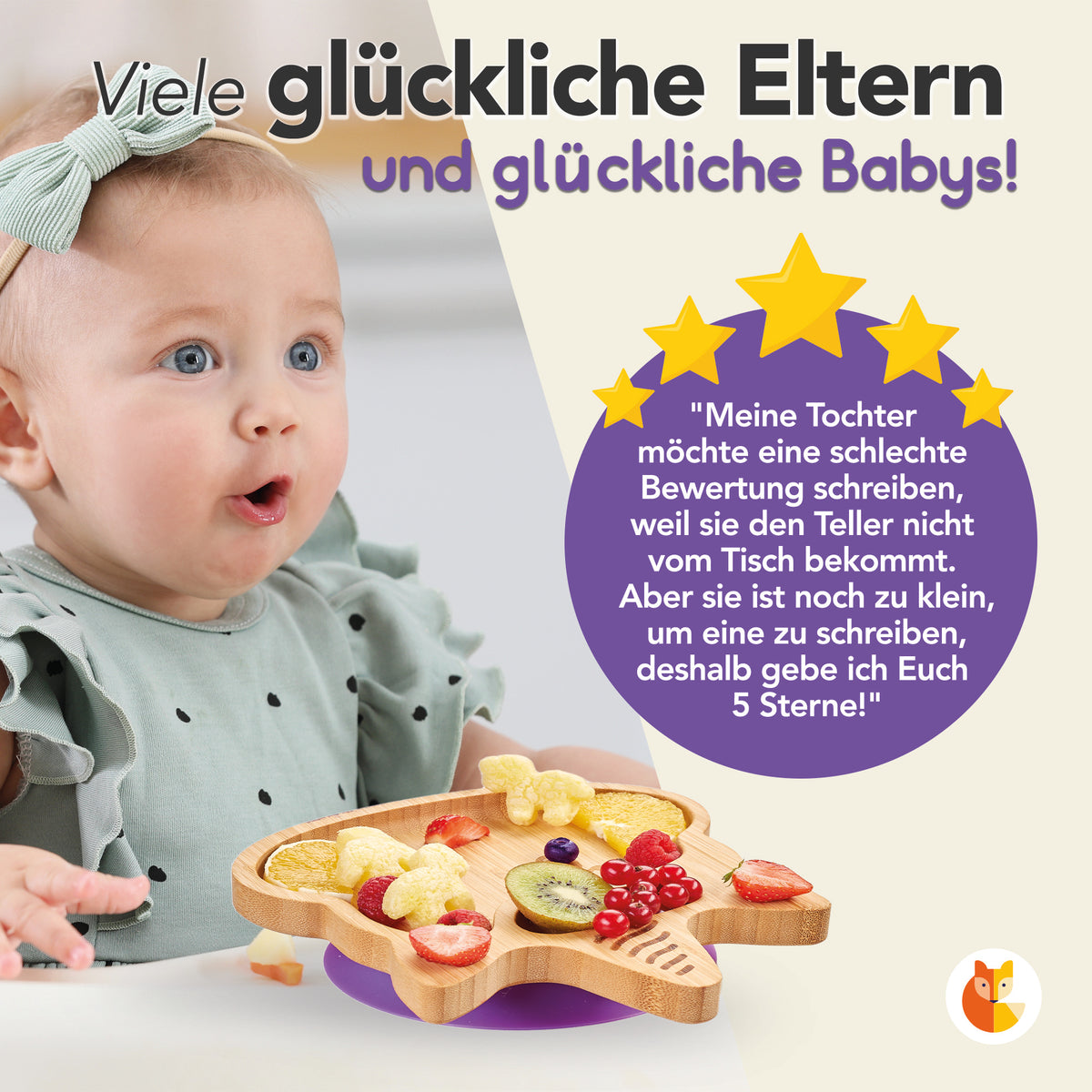 Bambus-Teller für Kinder inkl. Löffel - mit Einhornmotiv - Lila mit Obst vor einem Baby