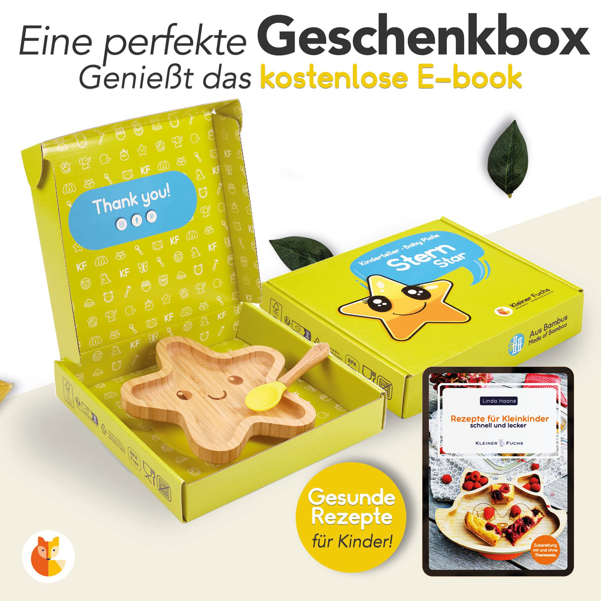 Bambus-Teller für Kinder inkl. Löffel - mit Sternmotiv - Gelb in Geschenkbox mit gesunden Rezeptideen für abwechslungsreiche Kindermahlzeiten.