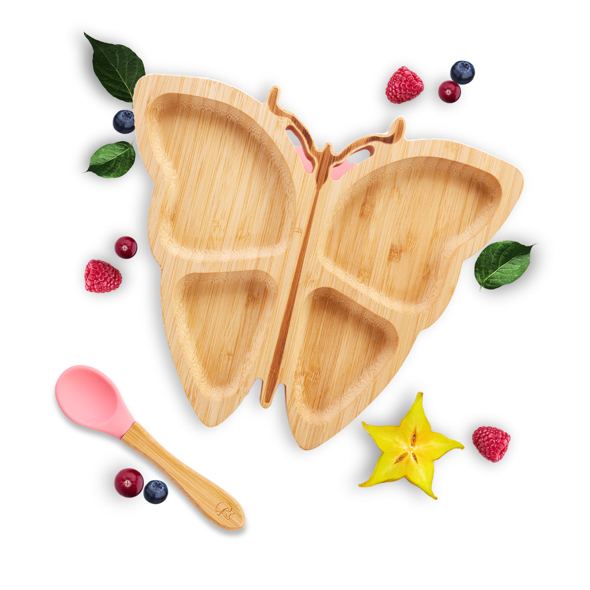 Bambus-Teller für Kinder inkl. Löffel - mit Schmetterlingsmotiv - Rosa, unterteilter Teller in Schmetterlingsform mit Löffel.