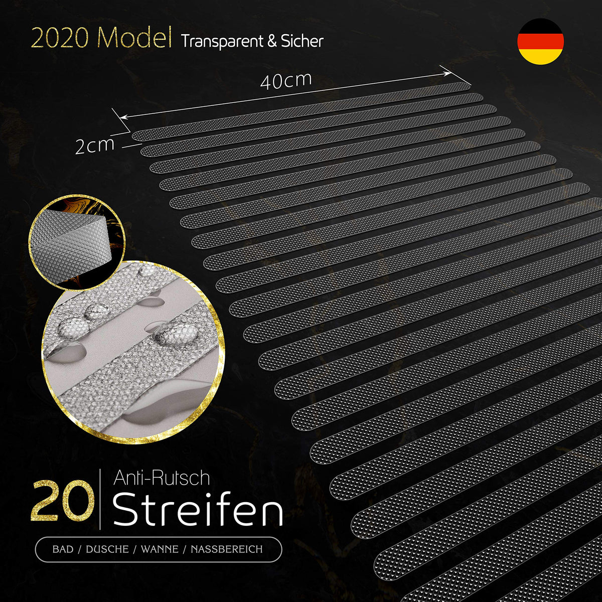 Anti Rutsch Streifen - 20 Stück, Maßangaben: 40 cm lang und 2 cm breit, transparente Streifen für Bad, Dusche und Wanne
