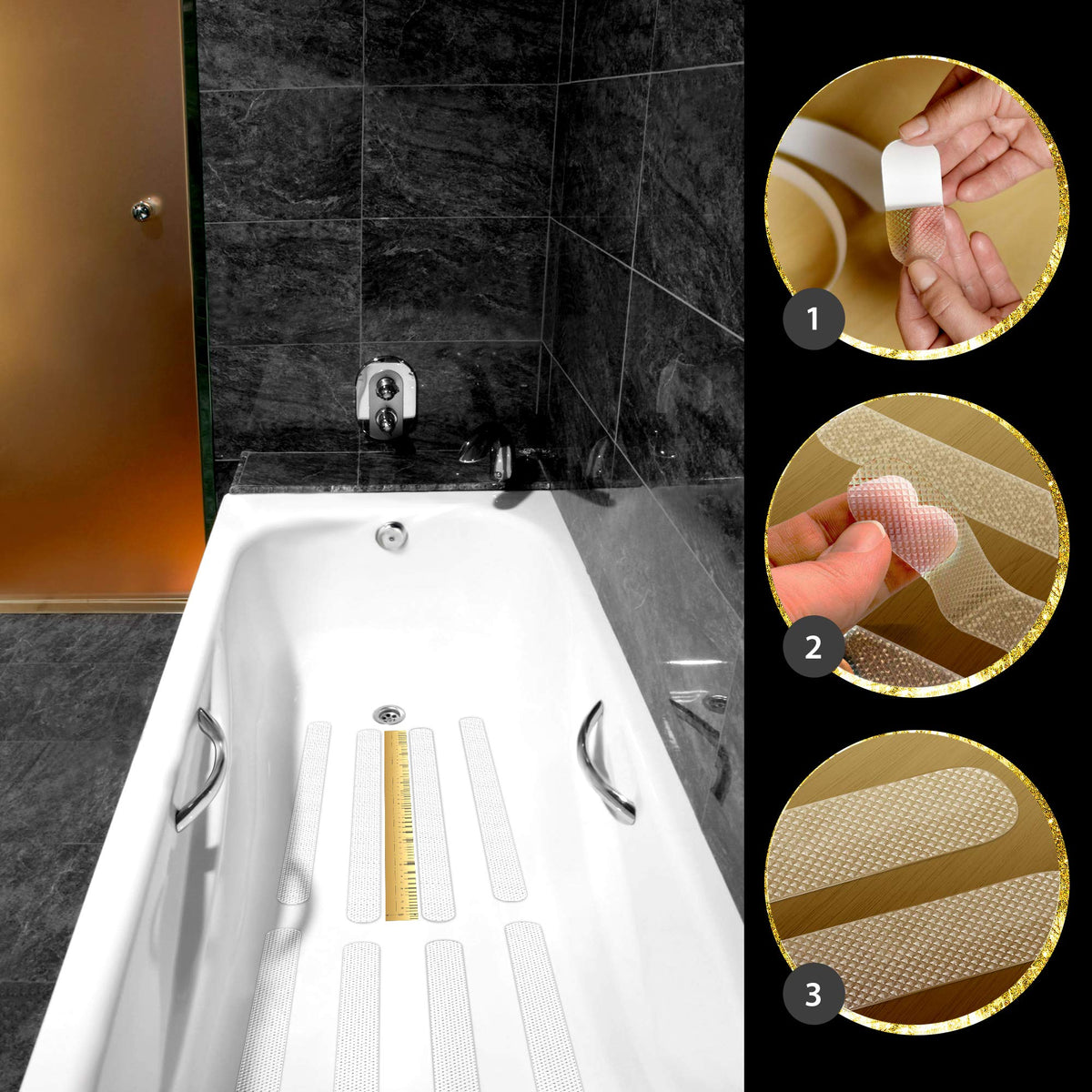 Anti Rutsch Streifen - 10 Stück als rutschfeste Badeinlagen mit selbstklebender Rückseite für sichere Trittfestigkeit in Badewanne oder Dusche.