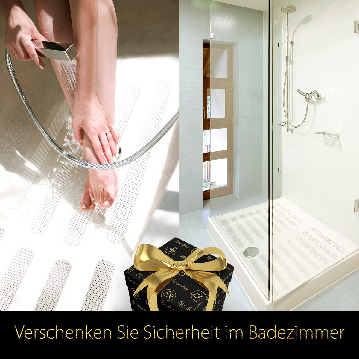 Anti Rutsch Streifen - 10 Stück auf Duschboden für sicheren Halt und rutschfesten Schutz bei nassen Oberflächen im Badezimmer.