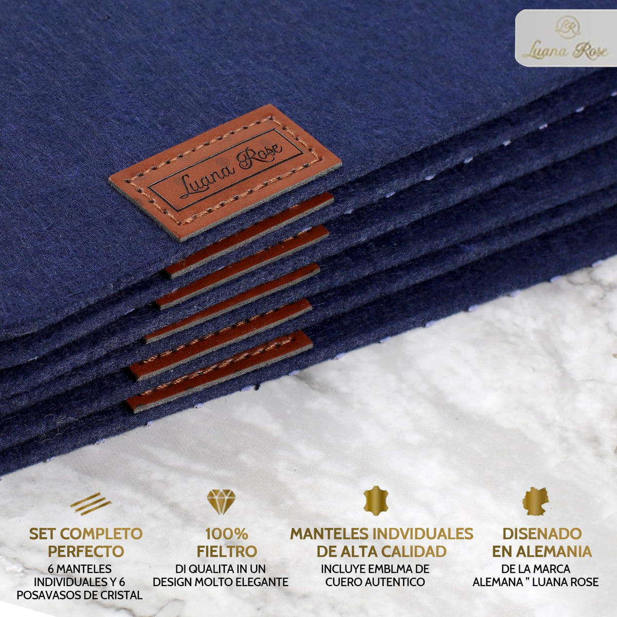 Filz Tischset - 12-teilig inkl. Glasuntersetzer - Blau aus hochwertigem Filz mit Lederetikett und eleganter Verarbeitung für stilvollen Tischschutz.
