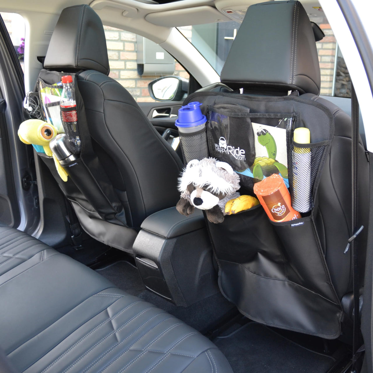 Auto-Rückenlehnenschutz mit Taschen - 1 Stück schützt Sitzrücken und bietet mit mehreren Fächern praktischen Stauraum für Getränke, Spielzeug und Zubehör.
