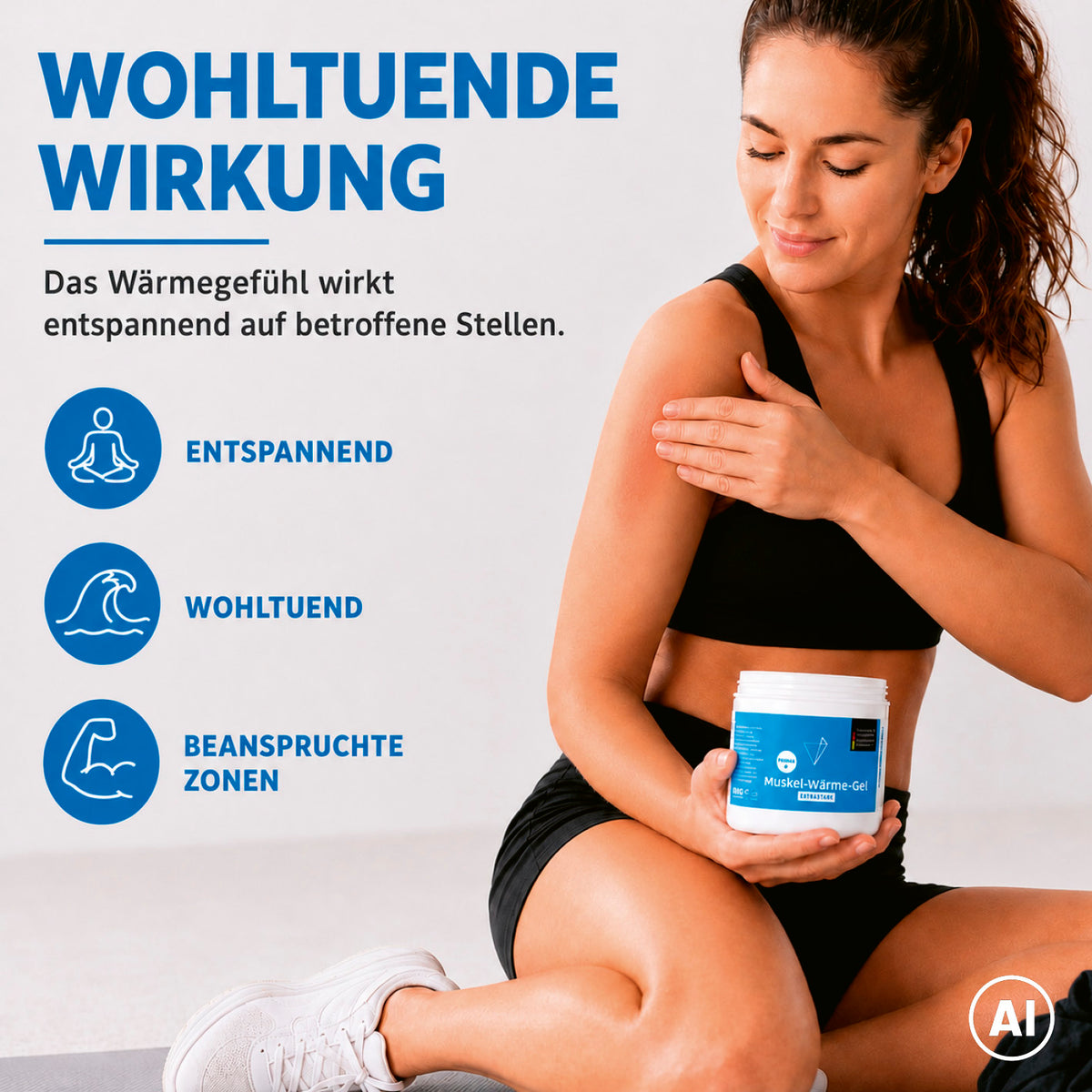 Muskel-Wärme-Gel - 500 ml im weißen Tiegel bei der Anwendung an beanspruchten Körperstellen mit wohltuender Wärme
