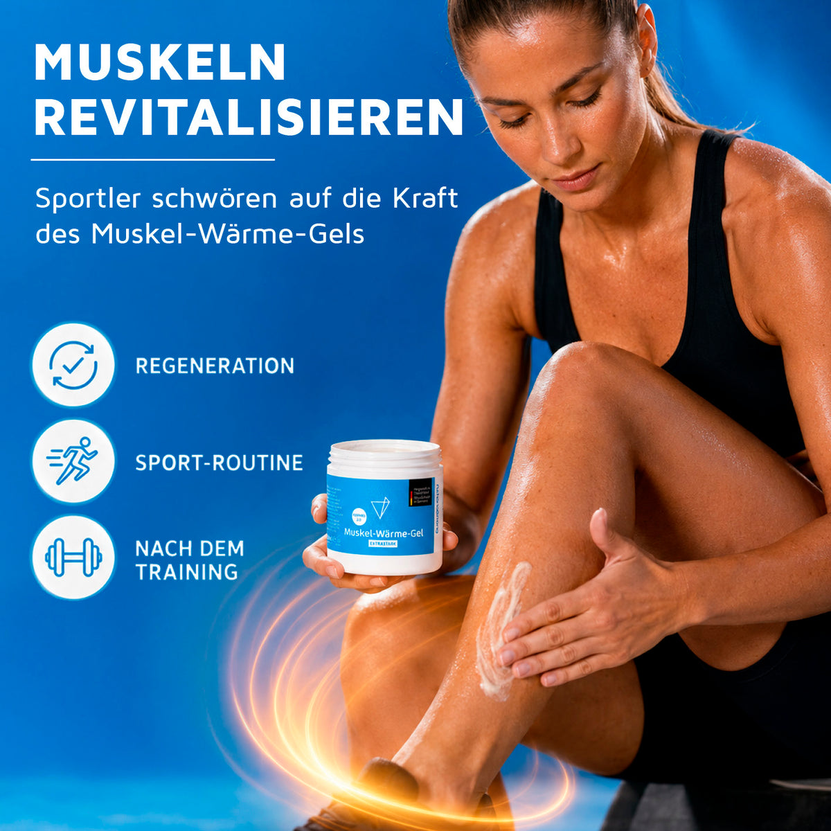 Muskel-Wärme-Gel - 500 ml mit Sportlerin beim Einmassieren am Knie sowie Hinweisen zu Regeneration und Training