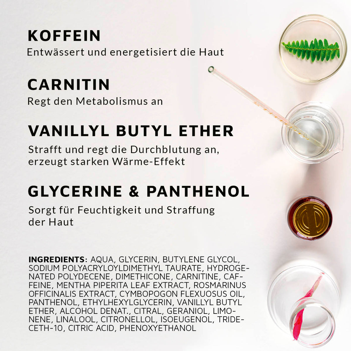 Cellulite Gel - 225 ml mit Wirkstoffen wie Koffein, Carnitin und Panthenol zur Förderung von Energie, Feuchtigkeit und Hautstraffung.