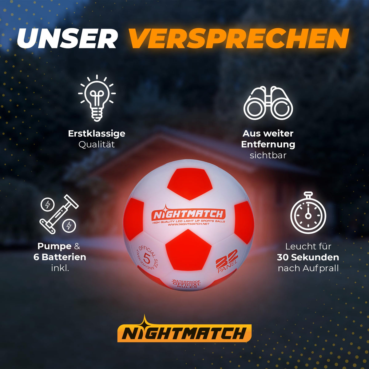 Leuchtfußball - Komplettset - Weiss-Orange mit langlebigen LEDs, inkl. Pumpe und Batterien, sichtbar aus großer Distanz, leuchtet 30 Sekunden nach Aufprall.