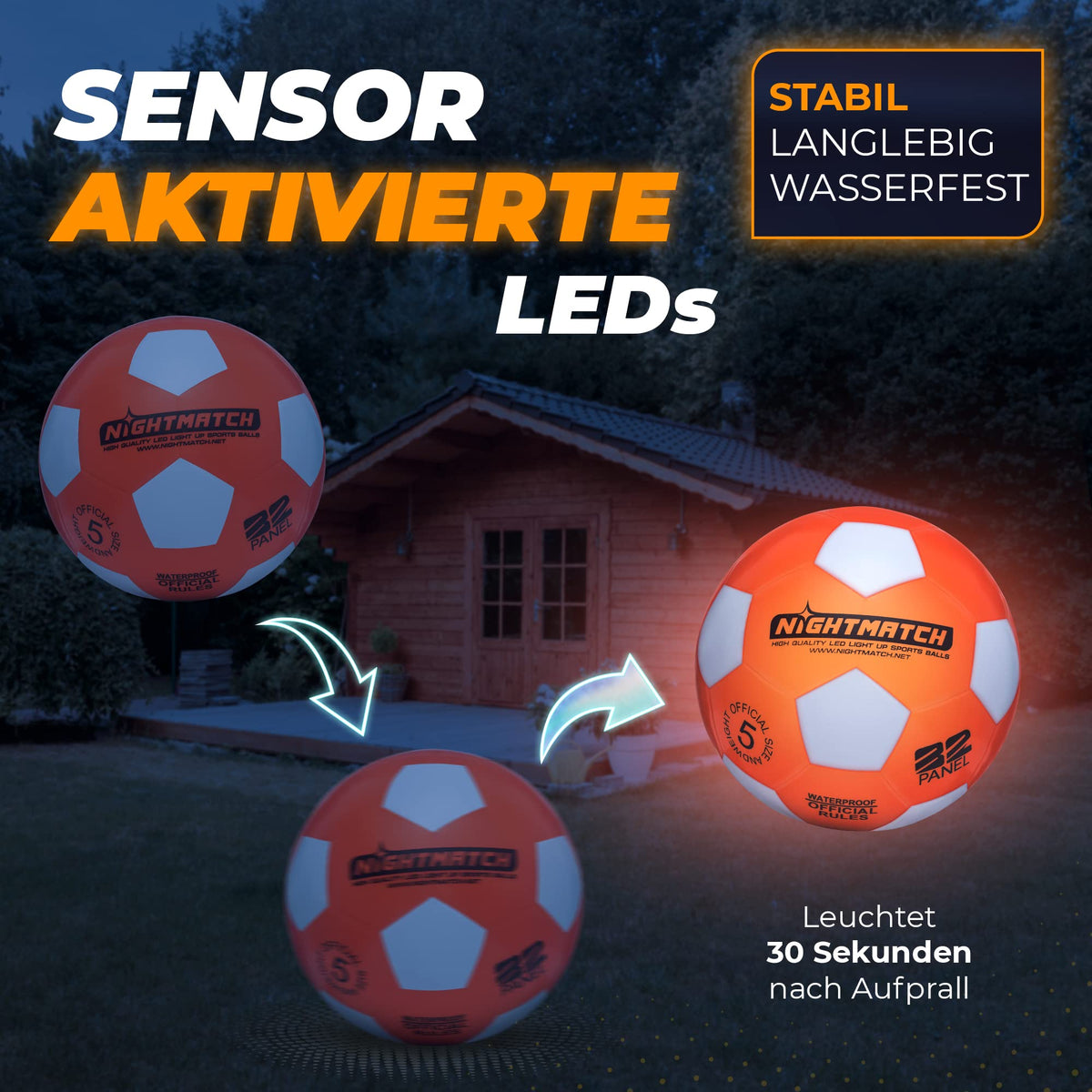 Leuchtfußball - Komplettset - Orange-Weiss mit sensoraktivierten LEDs, die 30 Sekunden nach Aufprall leuchten, wasserfest und langlebig.