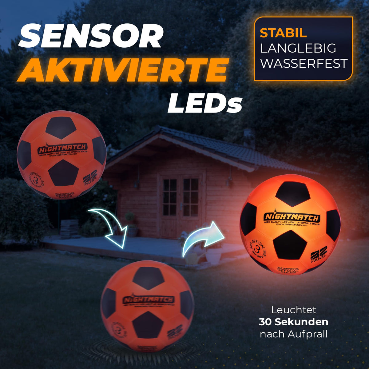 Leuchtfußball - Komplettset - Schwarz-Orange - Gr.3 mit sensoraktivierten LEDs, leuchtet 30 Sekunden nach Aufprall, stabil und wasserfest für lange Spielzeit.