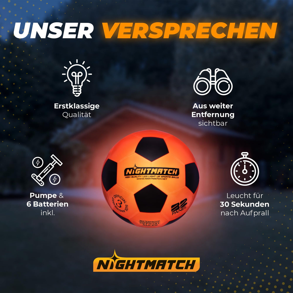 Leuchtfußball - Komplettset - Schwarz-Orange - Gr.3 mit inklusiver Pumpe und Batterien, leuchtet 30 Sekunden nach Aufprall, gut aus der Ferne sichtbar.