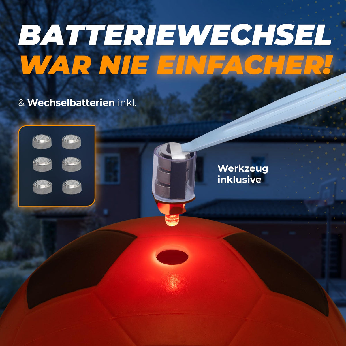 Leuchtfußball - Komplettset - Schwarz-Orange - Gr.3 zeigt einfache Batteriewechsel mit inkludiertem Werkzeug und Wechselbatterien im Set.