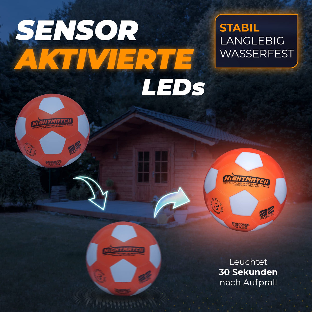 Leuchtfußball - Komplettset - Weiss-Orange - Gr.3 mit sensoraktivierten LEDs, die nach Aufprall 30 Sekunden lang leuchten, wasserfest und langlebig.