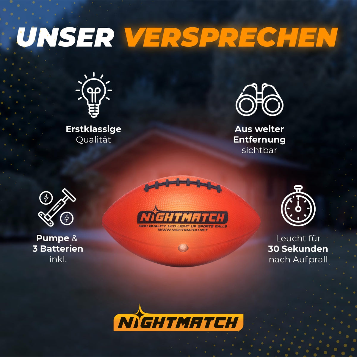 Leuchtfootball - Komplettset - Gr.6 - Orange leuchtet 30 Sekunden nach Aufprall, inklusive Pumpe und 3 Batterien, aus großer Entfernung gut sichtbar.