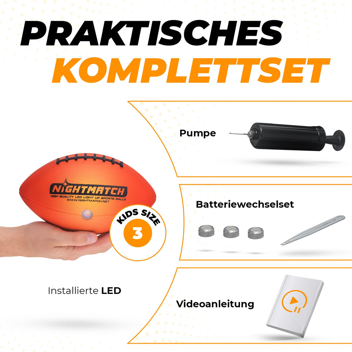 Leuchtfootball - Komplettset - Gr.3 - Orange mit eingebauter LED, Pumpe, Batteriewechselset und Videoanleitung für einfachen Start.