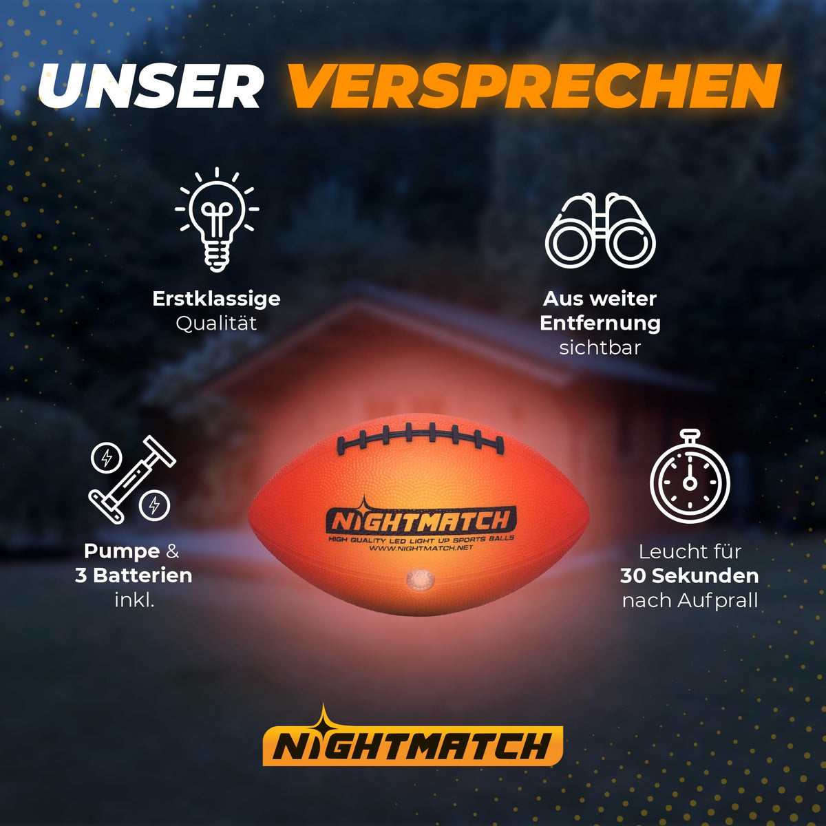 Leuchtfootball - Komplettset - Gr.3 - Orange mit hochwertiger LED, leuchtet 30 Sekunden nach Aufprall, inklusive Pumpe und 3 Batterien, gut sichtbar aus der Ferne.