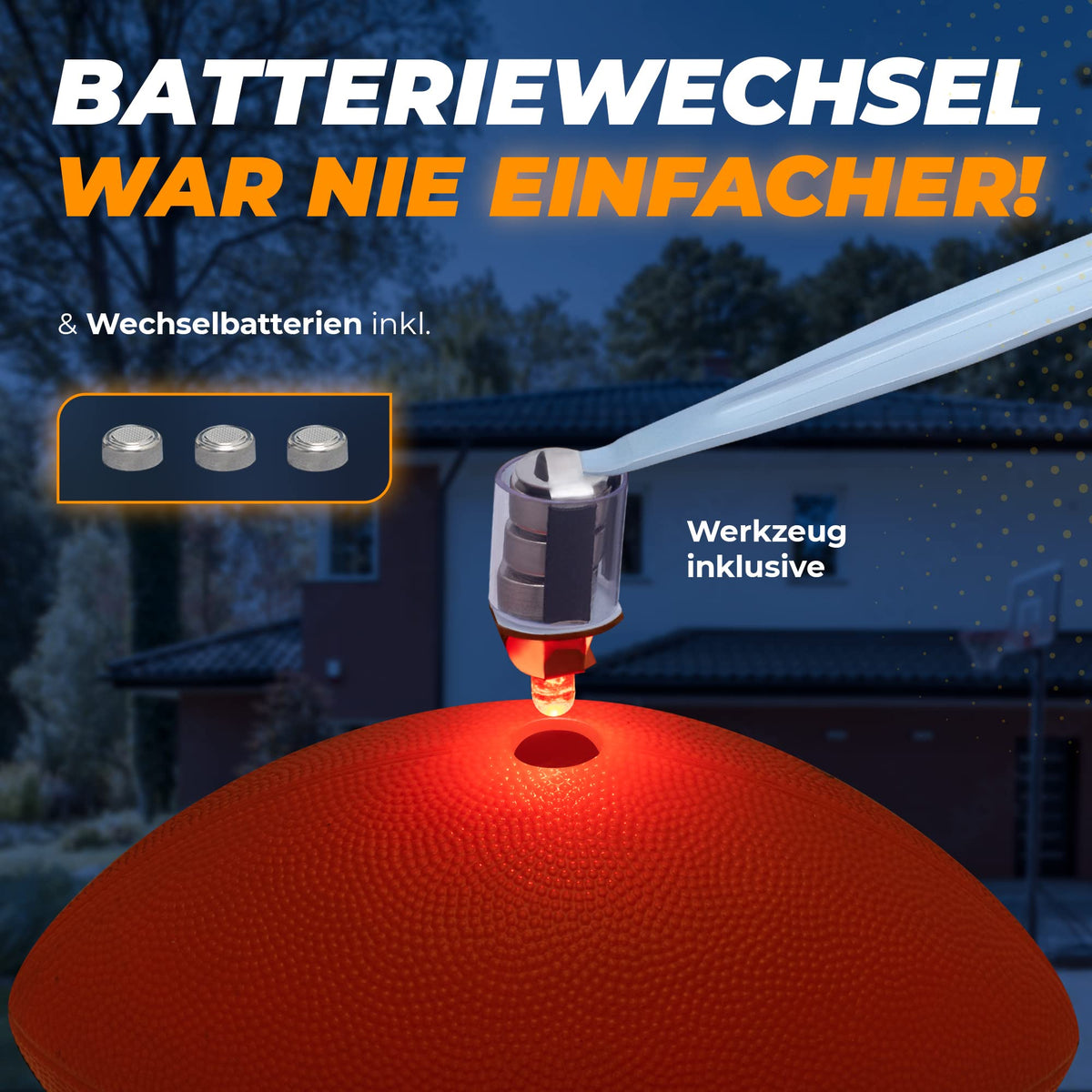 Leuchtfootball - Komplettset - Gr.3 - Orange mit einfachem Batteriewechsel, inkl. Werkzeug und Wechselbatterien für dauerhaften Leuchteffekt.