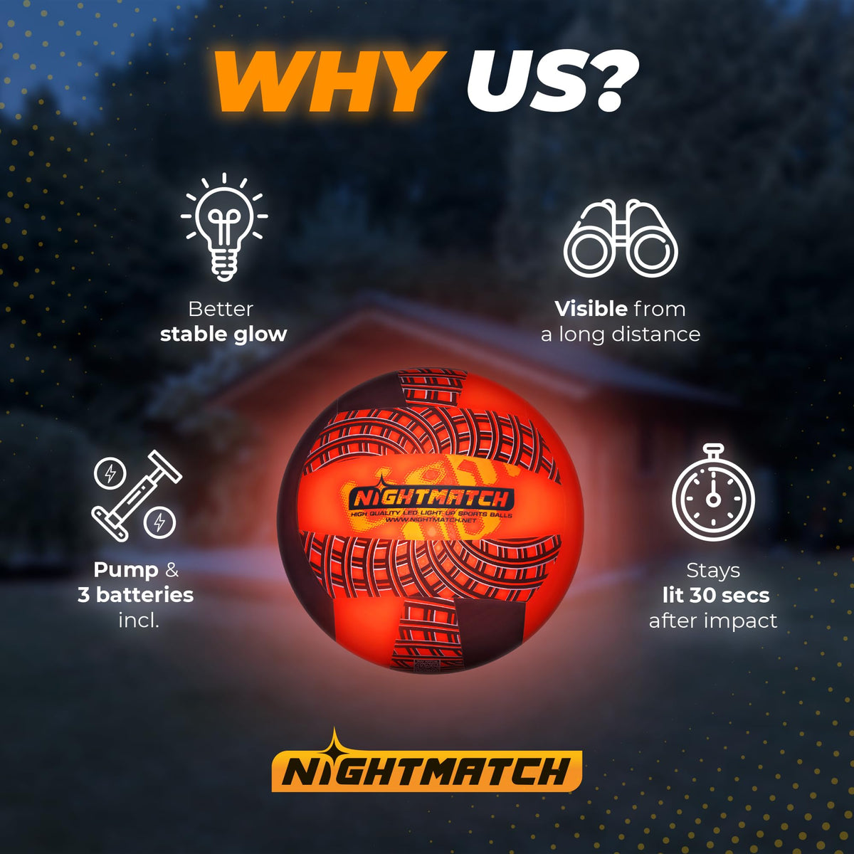 LED Volleyball - Komplettset - Schwarz-Orange mit stabilem Leuchten, sichtbar aus großer Entfernung, inklusive Pumpe und 3 Batterien, leuchtet 30 Sekunden nach Aufprall.