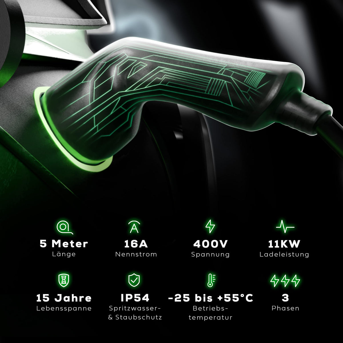 Elektroauto-Ladekabel inkl. Tasche - Typ 2 - 11 kW - 5 m mit grün beleuchtetem Stecker und technischen Leistungsangaben im dunklen Design.
