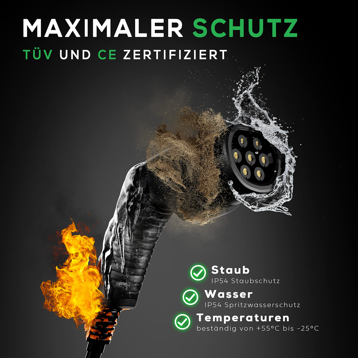 Elektroauto-Ladekabel inkl. Tasche - Typ 2 - 11 kW - 5 m mit robustem Schutz gegen Staub, Spritzwasser und extremen Temperaturen von -25 bis +55 Grad Celsius.