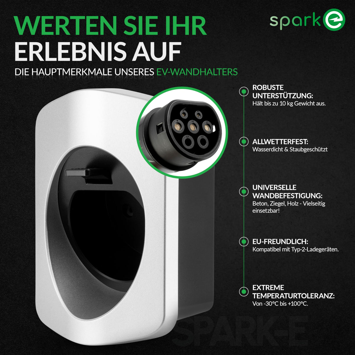 EV-Ladekabel Halterung - Typ 2 - Silber aus robustem Material, wetterfest und geeignet für universelle Wandmontage mit hoher Traglast.