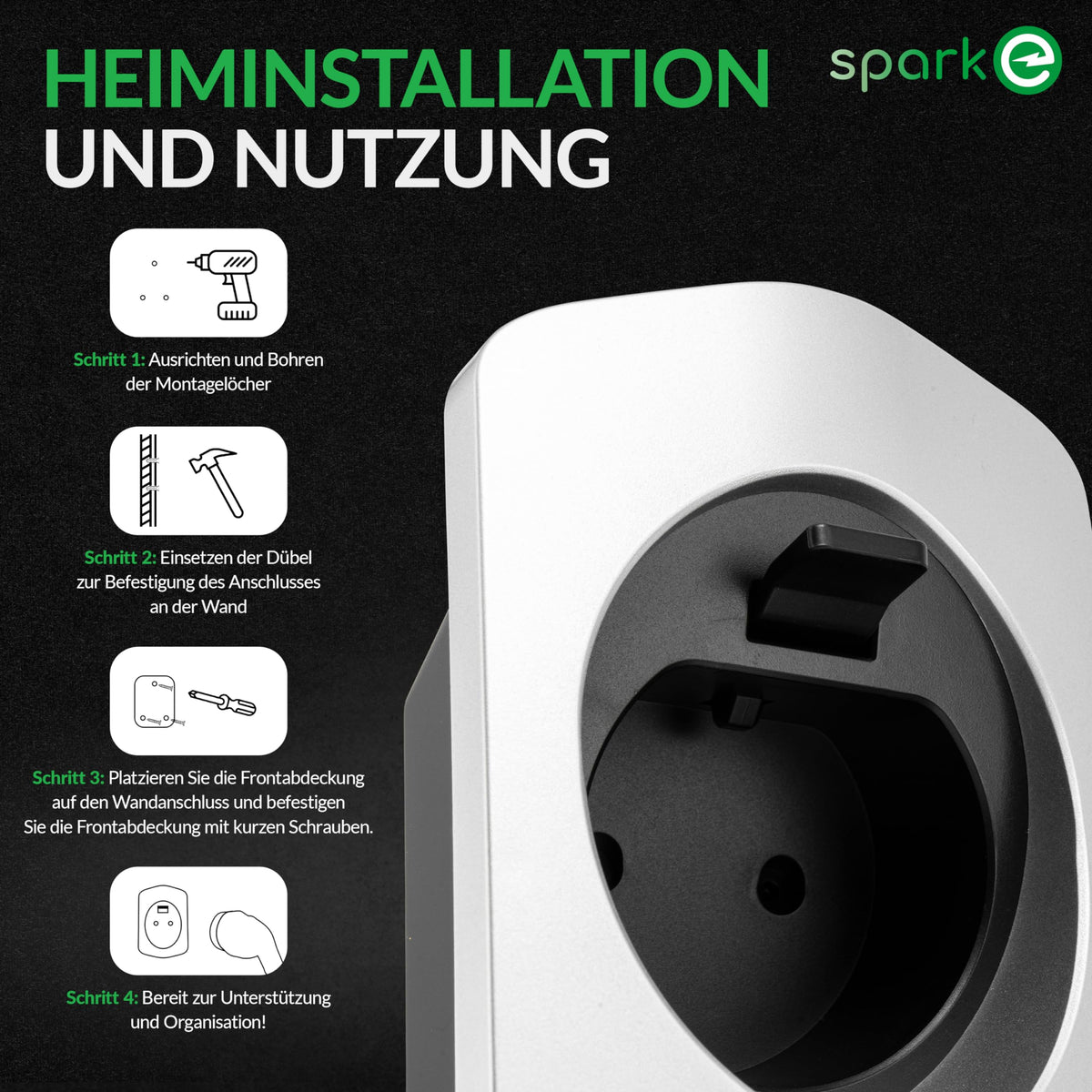 EV-Ladekabel Halterung - Typ 2 - Silber mit Anleitung zur Heiminstallation und Nutzung für sichere Befestigung an der Wand.