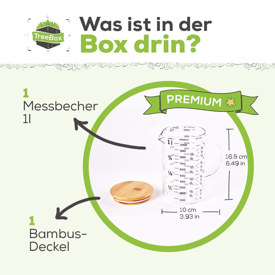 Messbecher - Glas - 2er Set - 1 L & 500 ml - US mit Skala und Bambus-Deckel, transparent und langlebig für präzises Abmessen von Flüssigkeiten.
