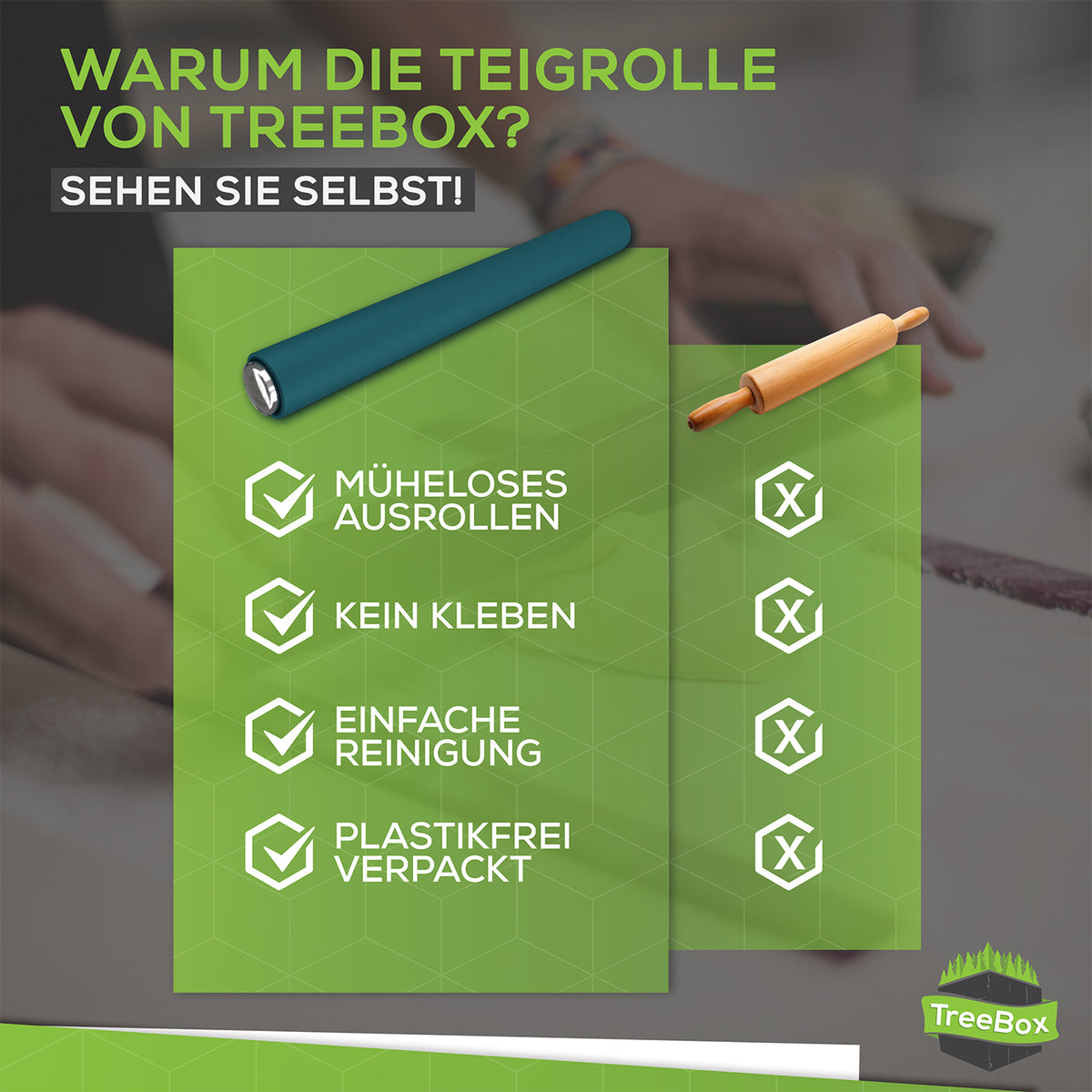 Teigroller aus Silikon - Cyan liegt neben einem herkömmlichen Holzroller, Vorteile wie müheloses Ausrollen werden hervorgehoben.