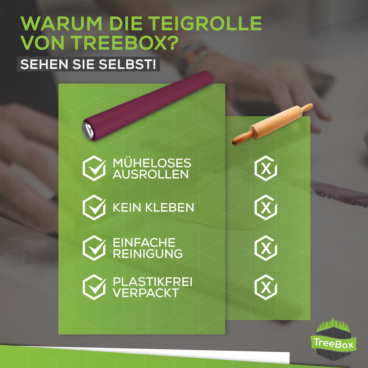 Vergleich von Teigrollen für müheloses Ausrollen mit Teigroller aus Silikon - Lila im Vordergrund, Vorteile hervorgehoben.