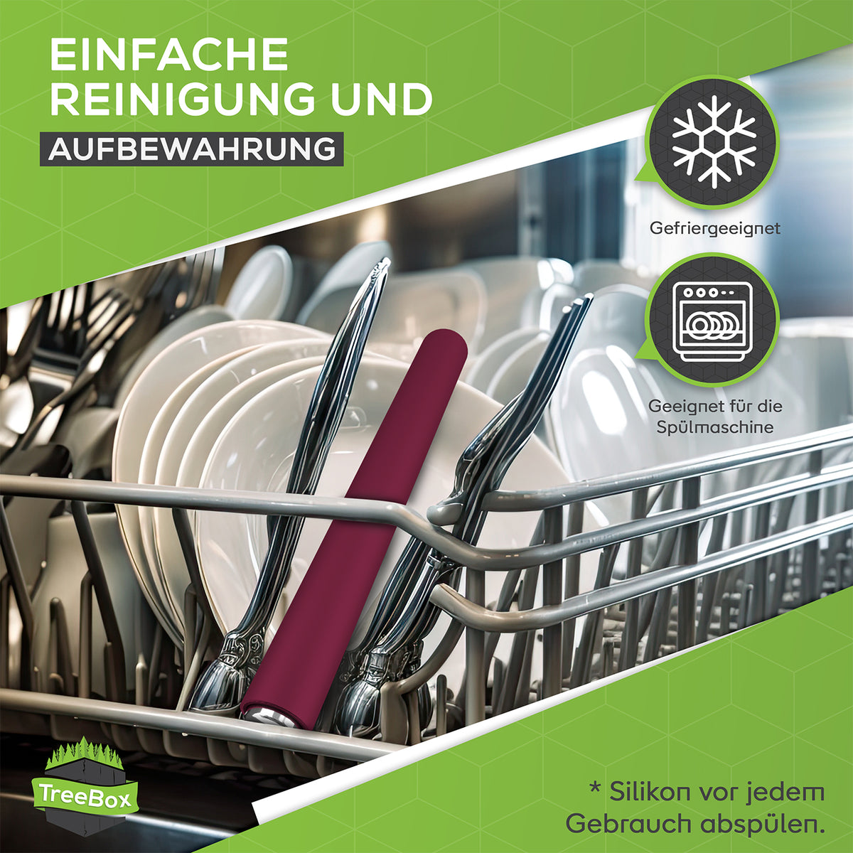 Teigroller aus Silikon - Lila im Besteckfach eines Geschirrspülers zur einfachen Reinigung und Aufbewahrung.