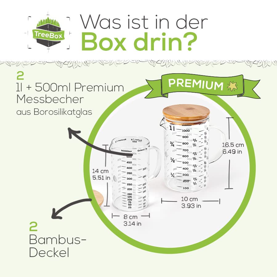 Messbecher - Glas - 2er Set - 1 L & 500 ml - mit Bambusdeckel aus Borosilikatglas, mit Skala und Griff, inkl. zwei Bambusdeckeln, modernes Design