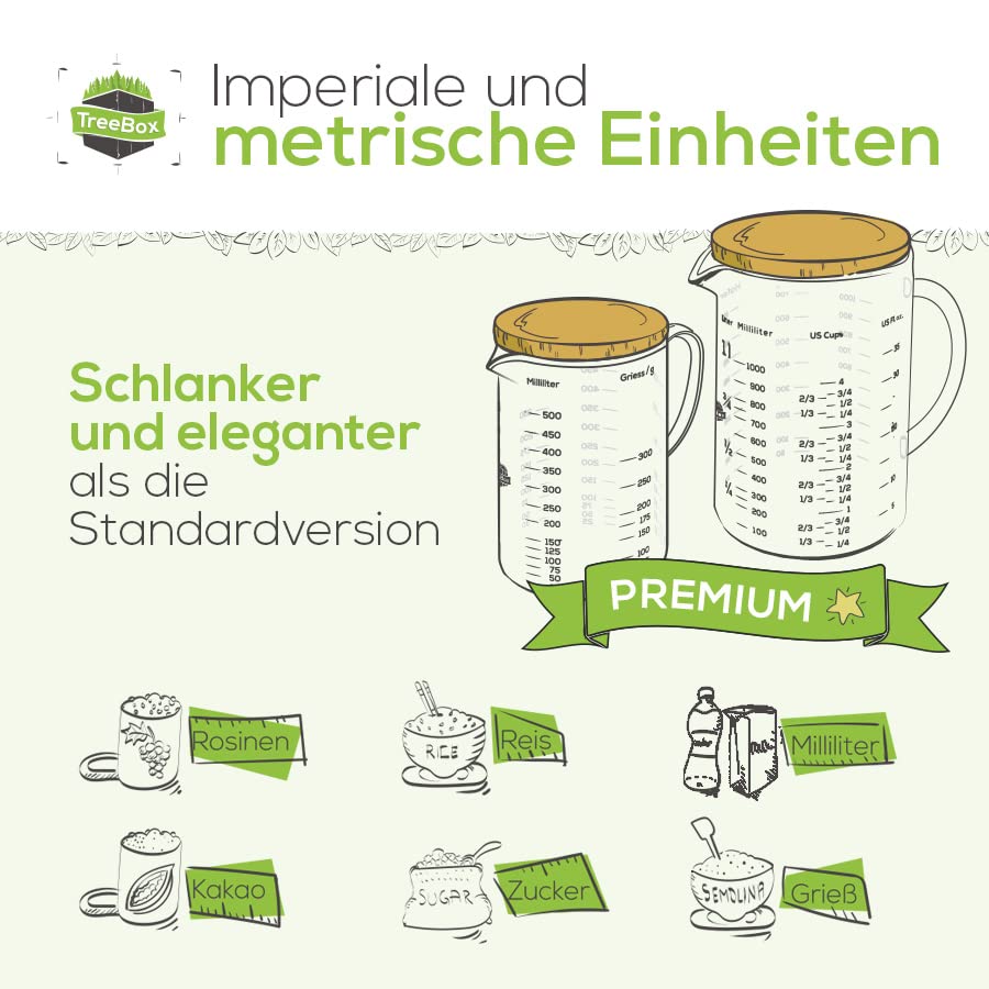 Messbecher - Glas - 2er Set - 1 L & 500 ml - mit Bambusdeckel, mit metrischer und imperialer Skala, schlankes Design, langlebiges Borosilikatglas.