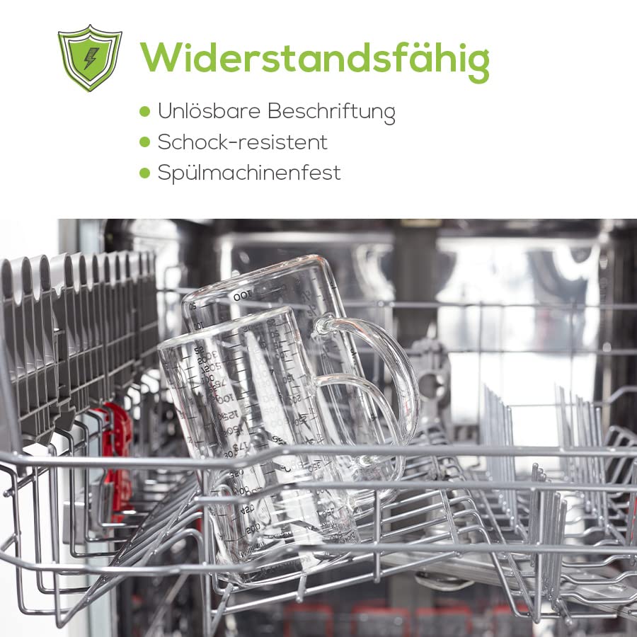 Messbecher - Glas - 2er Set - 1 L & 500 ml - mit Bambusdeckel, spülmaschinenfest, bruchsicher und mit klarer, unlösbarer Skalierung aus Borosilikatglas.
