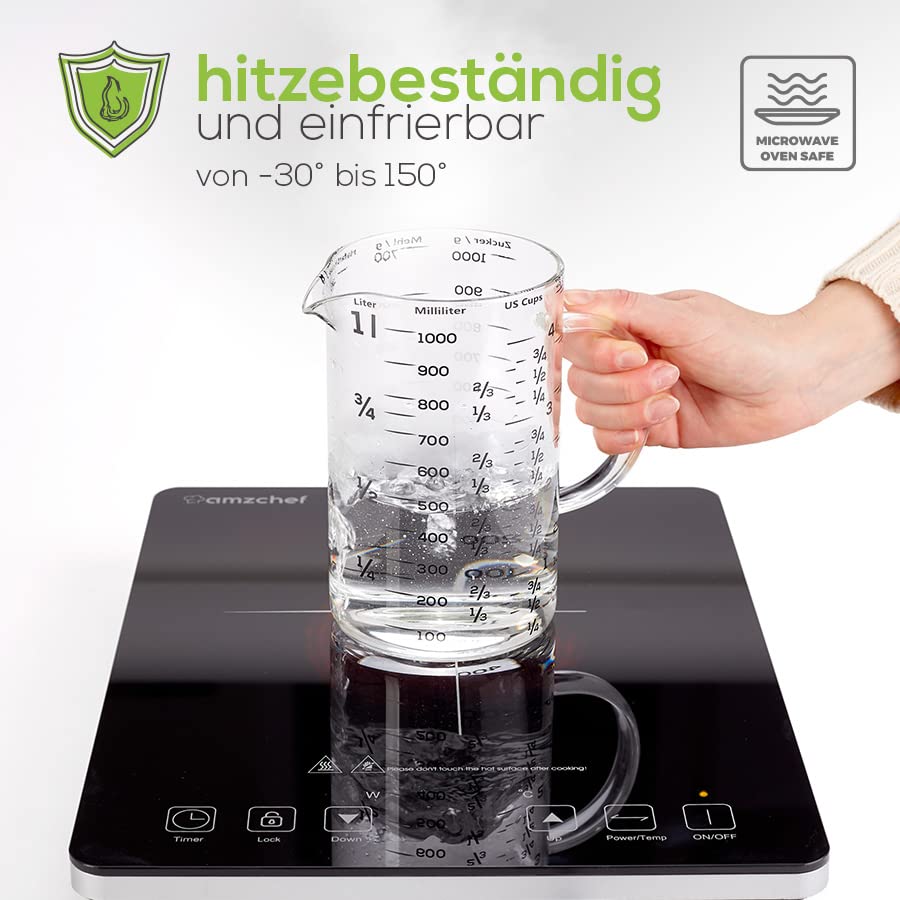 Messbecher - Glas - 2er Set - 1 L & 500 ml - mit Bambusdeckel, hitzebeständig von -30 °C bis 150 °C, mikrowellen- und gefriergeeignet.