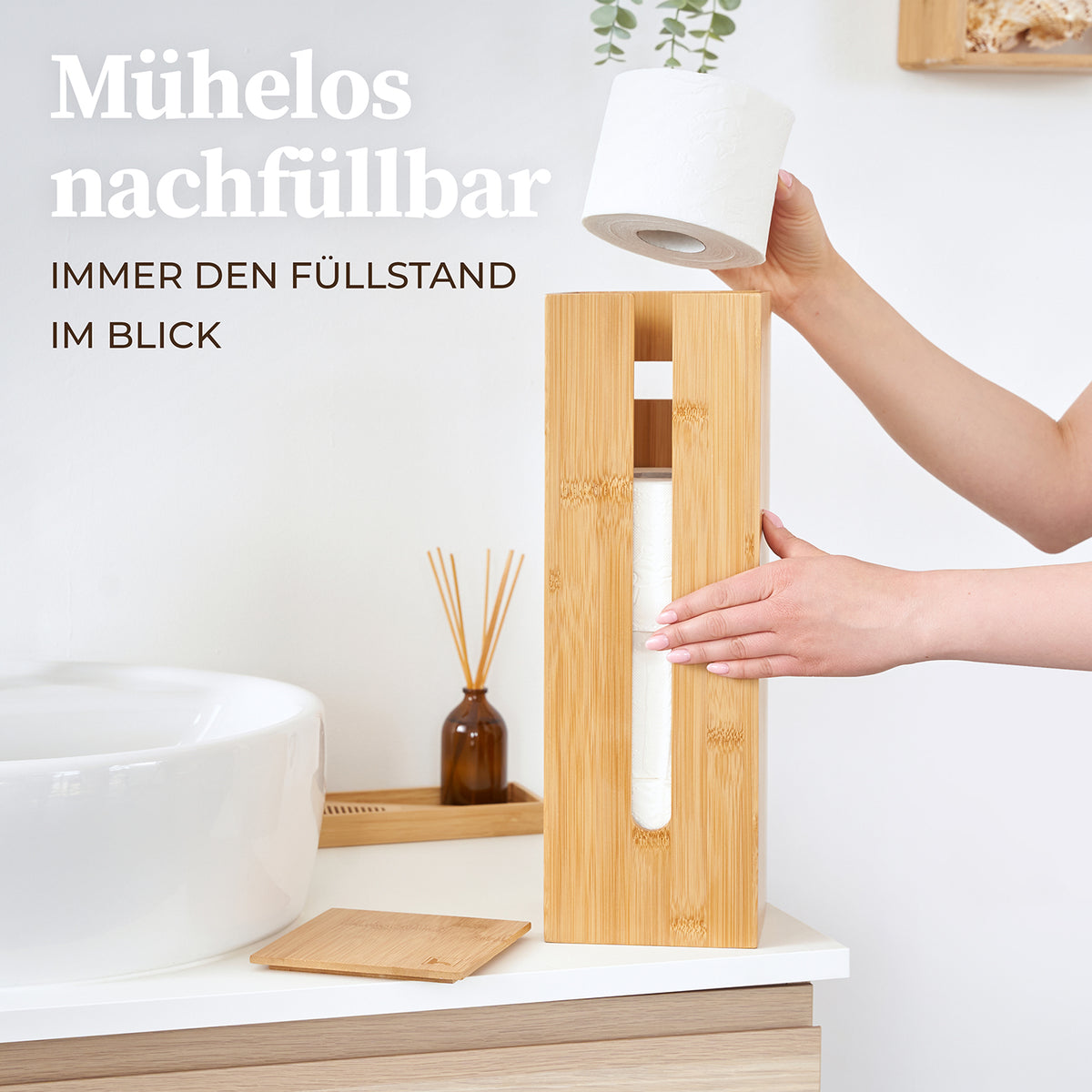 WC-Garnitur - 4-tlg. - Bambus Toilettenpapierhalter aus nachhaltigem Bambus mit Sichtfenster für einfachen Nachfüllstand im modernen Bad