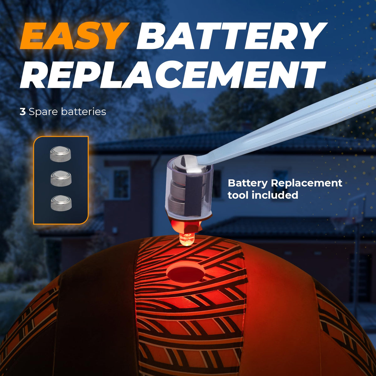 Leuchtender LED-Volleyball - Größe 5 - Schwarz/Orange mit einfachem Batteriewechsel, 3 Ersatzbatterien und Werkzeug für komfortable Handhabung.