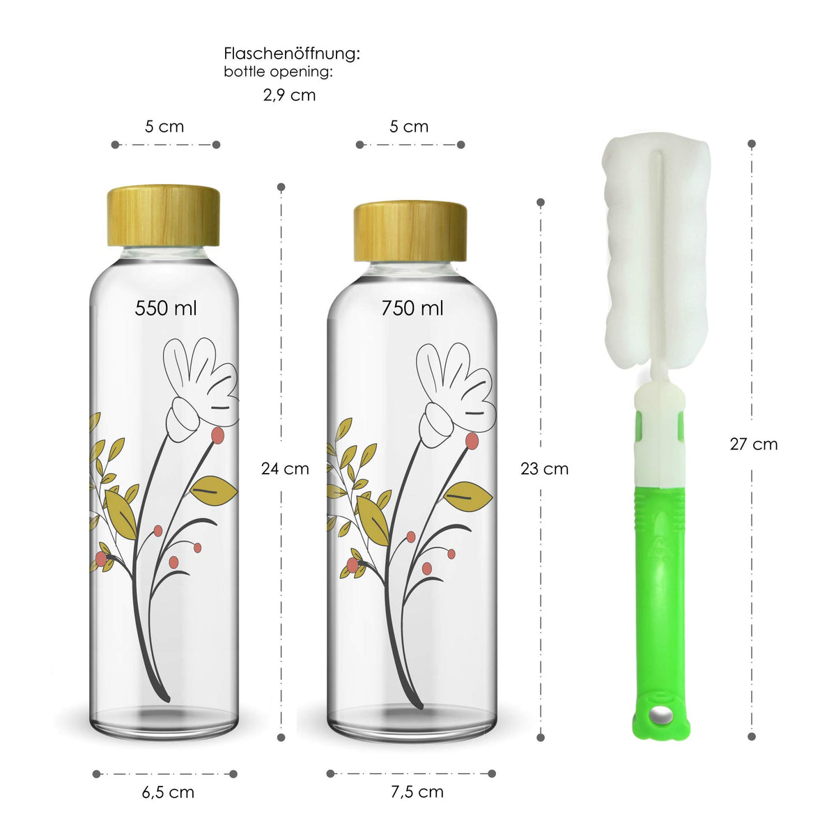 Trinkflasche mit Bambusdeckel - 750 ml - Blume, klare Glasflasche mit floralem Motiv und nachhaltigem Deckel, ideal für den täglichen Gebrauch.