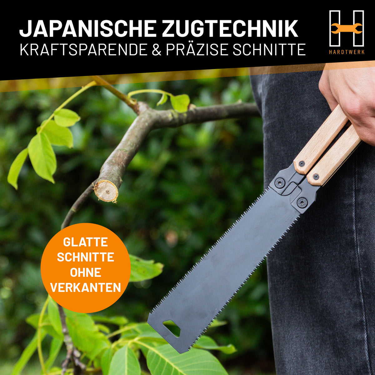 KONGŌ-JAPANSÄGE beim Sägen eines Astes für glatte Schnitte ohne Verkanten