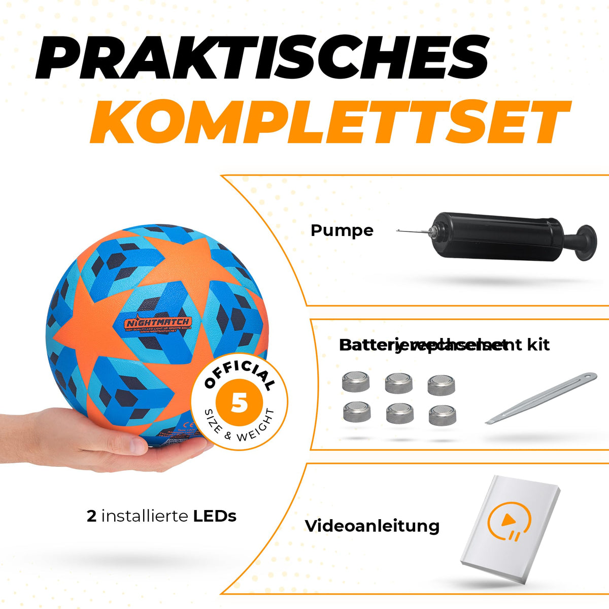 Leuchtfußball - Komplettset - Blau-Stern (Kopie) mit 2 LEDs, Pumpe, Batteriewechselset und Videoanleitung für unkomplizierten Spielstart.
