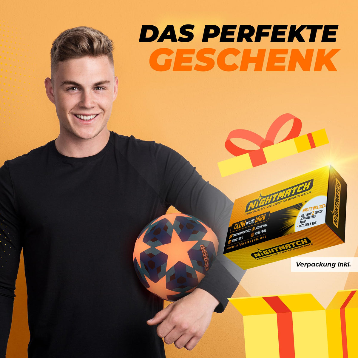 Leuchtfußball - Komplettset - Blau-Stern (Kopie) mit leuchtendem Design, ideal als Geschenk, inklusive Verpackung auf orangem Hintergrund.