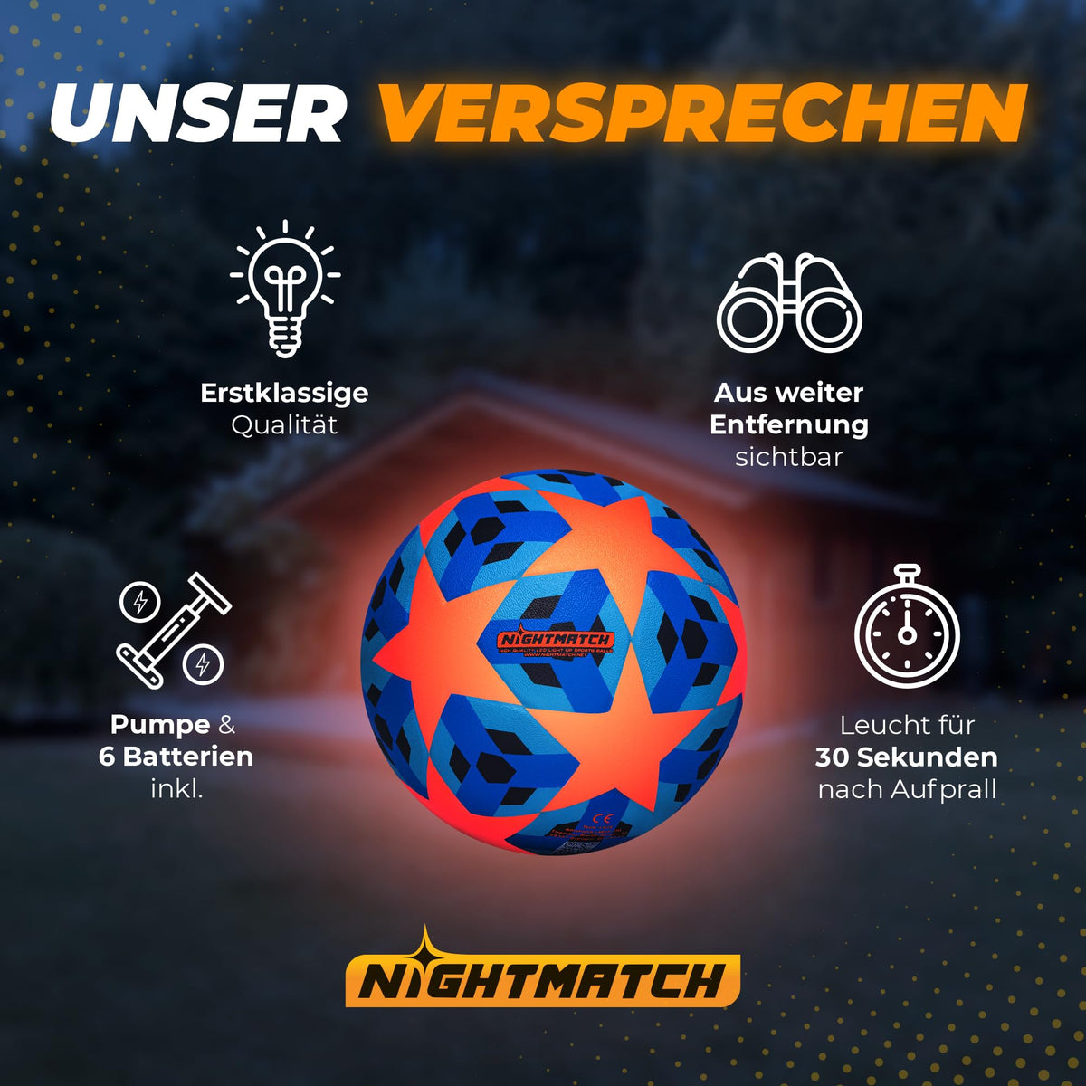 Leuchtfußball - Komplettset - Blau-Stern (Kopie) mit Pumpe, 6 Batterien, leuchtet 30 Sekunden nach Aufprall und ist aus großer Entfernung sichtbar.