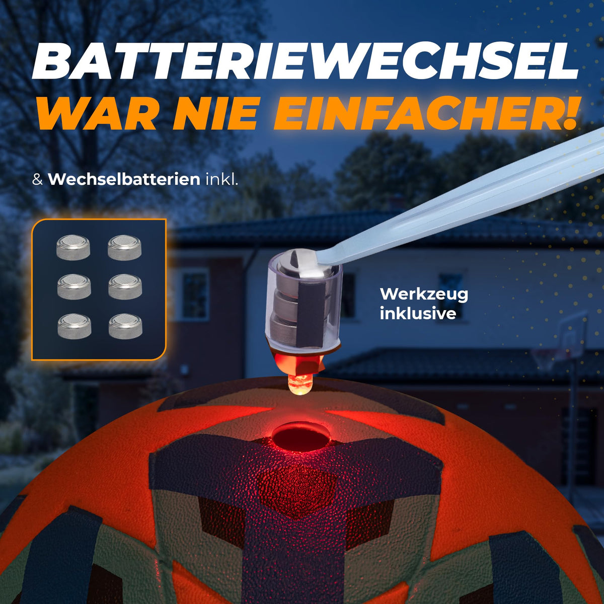 Leuchtfußball - Komplettset - Blau-Stern (Kopie) mit einfachem Batteriewechsel, Werkzeug und Wechselbatterien für langanhaltenden Leuchteffekt.