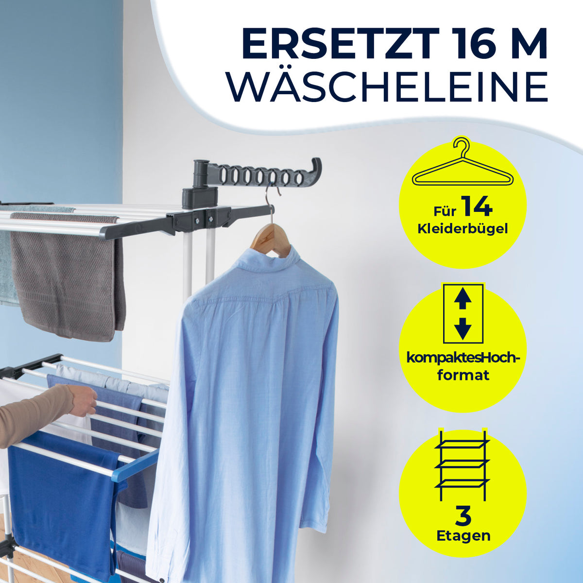 Wäsche-Tower 1600 - Grau mit 3 Ebenen, 14 Bügelplätzen und kompakter Höhe für drinnen und draußen geeignet.