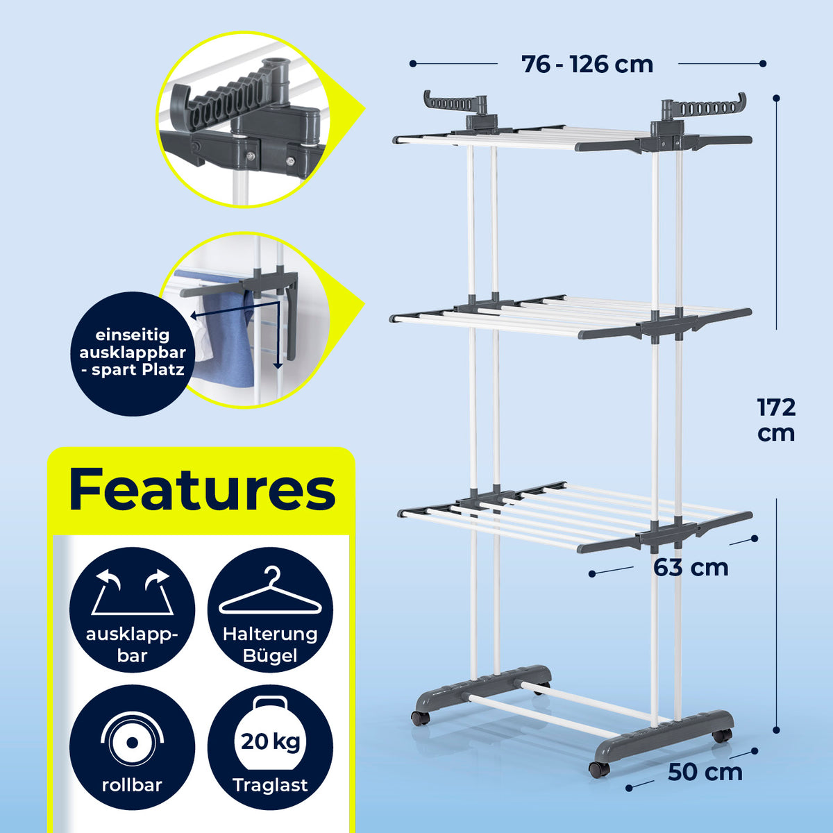 Wäsche-Tower 1600 - Grau, platzsparend ausklappbar, 172 cm hoch, 3 Ebenen, 16 m Trockenlänge, rollbar, für 14 Bügel geeignet.