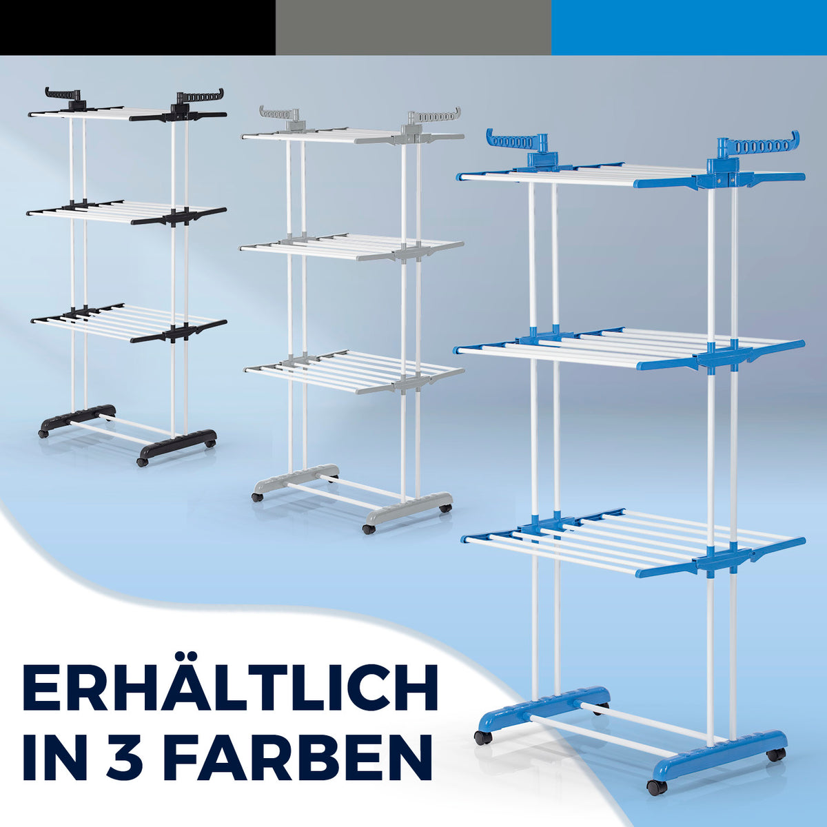 Wäsche-Tower 1600 - Schwarz Wäschetrockner dreistufig klappbar mit Rollen und 14 Bügeln, erhältlich in 3 Farben.