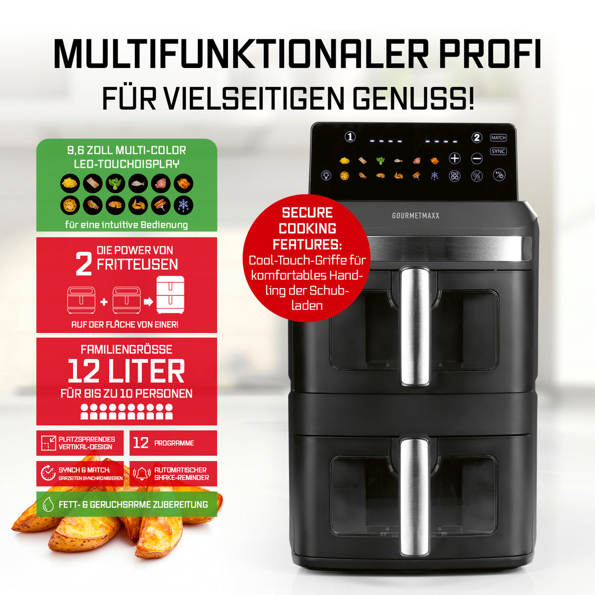 FryUp XL Vertikale Doppelkammer-Heißluftfritteuse mit Sichtfenster - 12 L, 2 Kammern, LED-Touchdisplay, 12 Programme, 12 Liter Fassungsvermögen.