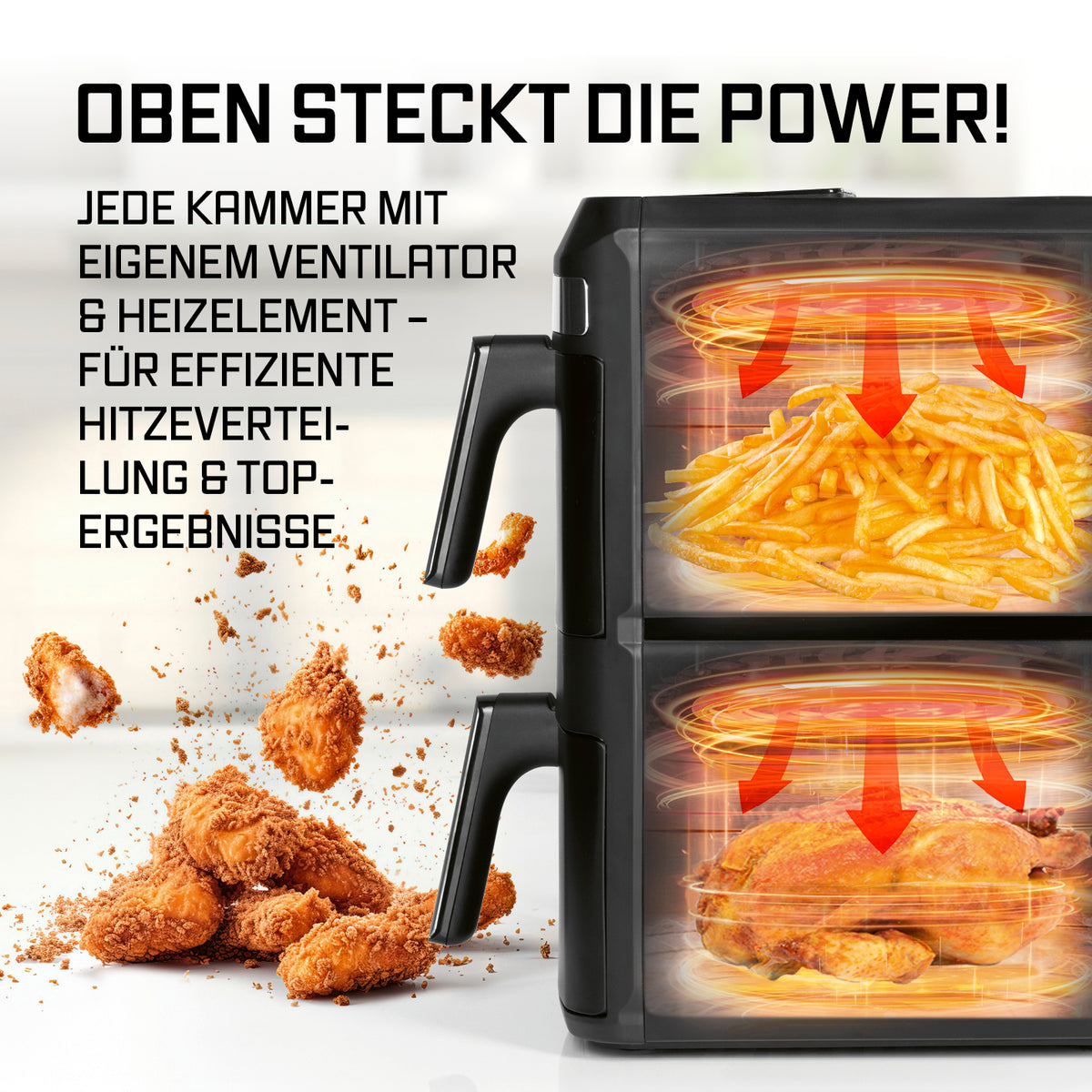 FryUp XL Vertikale Doppelkammer-Heißluftfritteuse mit Sichtfenster - 12 L zeigt effiziente Hitzeverteilung in zwei Kammern.
